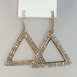 NWT Large Triangle Rhinestone Statement Earrings | Hypoallergenic | Gold Tone